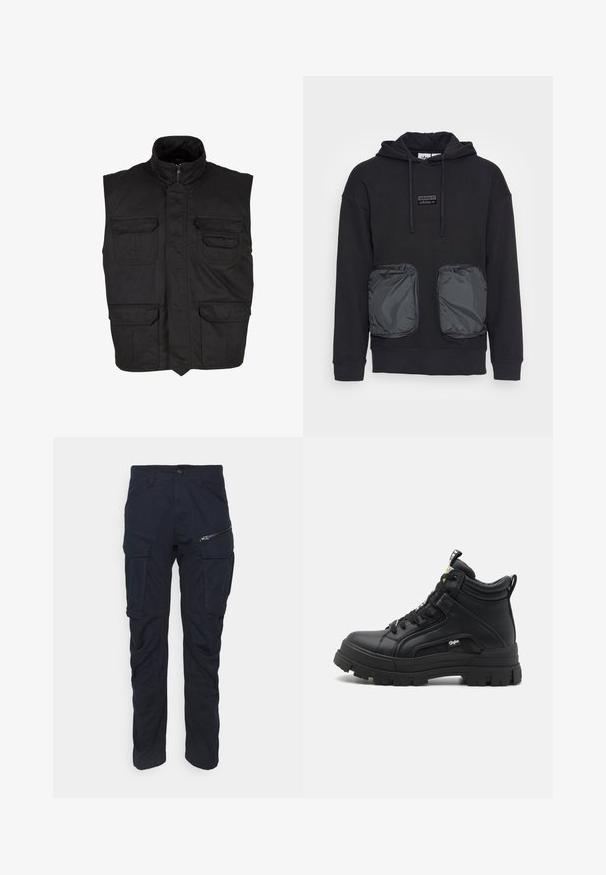 Brandit SAFARI - Bodywarmer - black; Zwarte hoodie met een ontspannen pasvorm, voorzien van twee grote met rits afsluitbare zakken van glanzend materiaal aan de voorkant. Klein logo-patch boven de zakken.; Donkerblauwe cargo-broek met een ritszak, meerdere zijzakken, een recht gesneden ontwerp en duurzame stof met een gladde textuur.; Zwarte hoge schoenen van gestructureerd leer, met een dikke rubberen zool, vetersluiting aan de voorkant en een klein logo detail aan de zijkant.