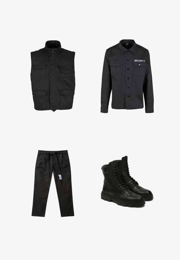 Veste noire sans manches avec col montant, fermeture éclair à l'avant et quatre poches à rabat, deux sur la poitrine et deux près de la taille.; Chemise de sécurité noire à manches longues avec fermeture à boutons sur le devant, deux poches poitrine, épaulettes aux épaules, et "SECURITY" imprimé en blanc sur la poitrine droite.; Pantalons cargo noirs fabriqués à partir d'un matériau durable, dotés d'une taille ceinte, de quatre poches et d'une coupe droite.; Bottes en cuir noir avec un design à lacets, dotées d'une fermeture éclair sur le côté, d'une semelle robuste et d'un embout renforcé. Texture lisse et construction solide.