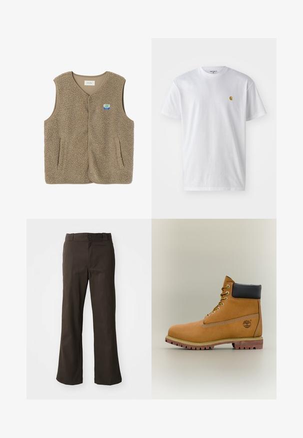 Beige ærmeløs fleecvest med trykknapper, to forlommer og et lille blåt og hvidt mærke på brystet.; Hvid bomulds t-shirt med korte ærmer, rund hals og et lille guld logo på venstre brystområde. Blød tekstur og almindelig pasform.; Brune, flagrende bukser med en glat tekstur, der har en frontlukning med knap og lommer på siderne. Simpel og lige design.; Brun læderankelstøvle med sort krave, gule snørebånd og tanfarvet sål. Har logo og hvide syninger som detalje. Robust ydersål med greb.