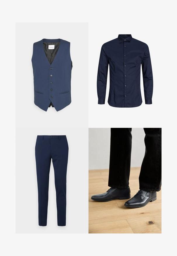 Chaleco azul marino hecho de tela suave, con escote en V, cierre de seis botones, dos bolsillos de ojal y un forro negro.; Camisa de botones de manga larga color azul marino, de tela de algodón, con cuello, cierre frontal con botones, textura suave, sin patrones ni acentos notables.; Pantalones de vestir color azul marino con diseño de pierna recta, hechos de un tejido suave. Cuentan con cierre frontal de botón y dos bolsillos laterales.; Zapatos de vestir negros con una superficie texturizada, punta afilada y diseño de cordones, combinados con jeans negros, sobre un suelo de madera.