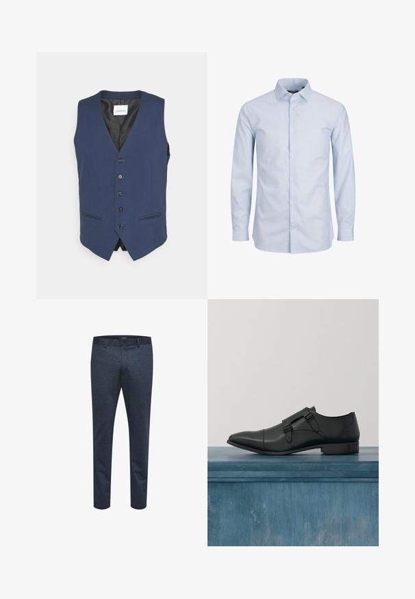 Navyblauwe vest gemaakt van gladde stof, met een V-hals, sluiting met zes knopen, twee paspelzakken en een zwarte voering.; Lichtblauwe overhemd met lange mouwen van soepel stof. Heeft een klassieke kraag, knopen aan de voorkant en een rechte zoom. Geen patronen of accenten.; Marineblauwe broek van textuurstof met een slim fit, voorzien van een knoopsluiting en ceintuurlussen, geschikt voor zowel casual als formele gelegenheden.; Zwarte leren dubbele monk strap nette schoenen zweven boven een licht gebroken vloer, met op de achtergrond vervaagde planten en een gegolfde muur.