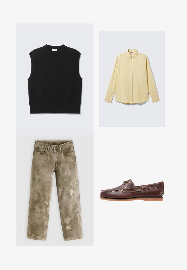 Gilet noir sans manches en tricot avec col rond côtelé, emmanchures et ourlet, posé à plat sur un fond gris clair.; Chemise jaune à manches longues boutonnée en tissu texturé, avec une poche poitrine, un col pointu et un ourlet arrondi. Étiquette de la marque visible.; Jean large couleur kaki avec une texture usée, présentant des éclaboussures de peinture claires et un design à cinq poches. Confectionné en denim.; Chaussure bateau en cuir marron avec coutures blanches, détails de lacets et semelle en caoutchouc beige, vue de côté sur fond blanc.
