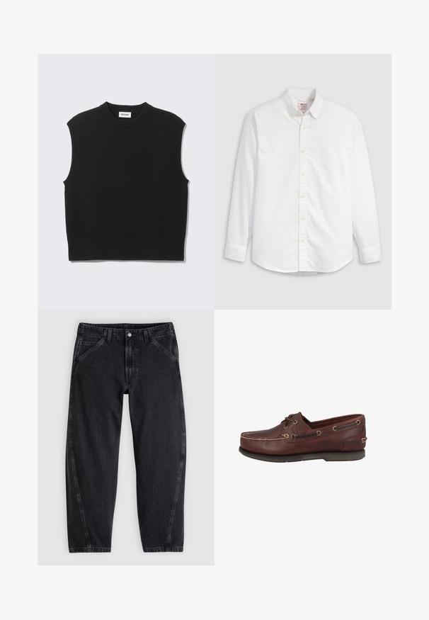 Gilet noir sans manches en tricot avec col rond côtelé, emmanchures et ourlet, posé à plat sur un fond gris clair.; Chemise blanche à boutons en coton avec manches longues, col classique et ourlet arrondi. Dotée de boutons jaunes et d'un branding discret.; Jean en denim noir à coupe ample, doté d'une ceinture standard, d'un design à cinq poches et de surpiqûres contrastantes le long des coutures.; Chaussure bateau en cuir marron à texture lisse, avec deux œillets et surpiqûres en cuir blanc le long de la partie supérieure. Semelle en caoutchouc crantée.