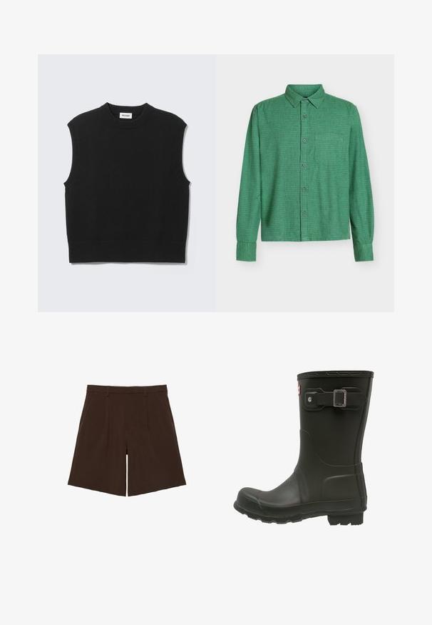 Zwarte, mouwloze gebreide gilet met geribde ronde hals, armsgaten en zoom, plat gelegd op een lichtgrijze achtergrond.; Groen overhemd met ruitpatroon, lange mouwen en een borstzak. Gemaakt van lichtgewicht stof met een gestructureerde afwerking.; Donkerbruine knielange op maat gemaakte shorts met riemlussen en voorplooien, plat weergegeven op een witte achtergrond.; Zwarte rubberen regenlaars met een ronde neus, een gespband aan de bovenkant en een geprofileerde buitenzool voor grip.