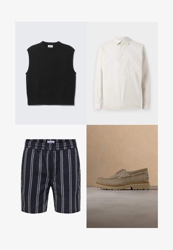 Gilet noir sans manches en tricot avec col rond côtelé, emmanchures et ourlet, posé à plat sur un fond gris clair.; Samsøe Samsøe SADAMON - Chemise - off white; Short bleu marine avec des rayures blanches verticales, taille élastique et cordon, fabriqué par Only & Sons.; Chaussure décontractée beige en daim à lacets avec une semelle épaisse et rainurée, présentée en suspension au-dessus d'une surface texturée beige assortie et d'un arrière-plan.