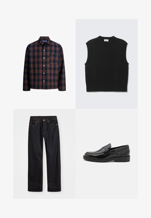 Gilet noir sans manches en tricot avec col rond côtelé, emmanchures et ourlet, posé à plat sur un fond gris clair.; Chemise à manches longues à carreaux avec un motif de checks bleus, bruns et noirs, fermeture par boutons et poche poitrine. Fabriquée en tissu doux.; Jean en denim noir pour hommes, coupe droite, avec cinq poches et surpiqûres orange, fermeture par bouton et zip à la taille avant.; Mocassins en cuir noir avec une finition lisse, un bout rond, un petit talon et descoutures décoratives à l'avant. Semelle en caoutchouc pour l'adhérence.
