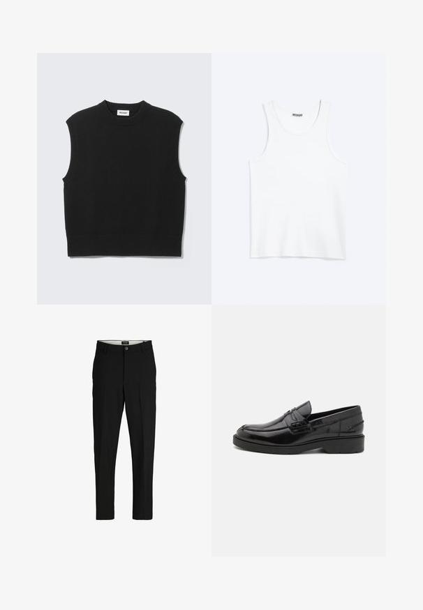 Schwarze, ärmellose Strickweste mit geripptem Rundhalsausschnitt, Armlöchern und Saum, flach auf einem hellgrauen Hintergrund ausgelegt.; Weißes ärmelloses Tanktop mit rundem Ausschnitt und Weekday-Markenetikett auf der Innenseite des hinteren Kragens, flach auf hellem Hintergrund dargestellt.; Schwarze Hosen aus glattem Stoff, mit maßgeschneidertem Design, geraden Beinen, zwei Fronttaschen und einem Knopfverschluss.; Schwarze Lederloafers mit glatter Oberfläche, abgerundetem Zehenbereich, niedrigem Absatz und dekorativer Naht entlang der Vorderseite. Gummisohle für guten Halt.