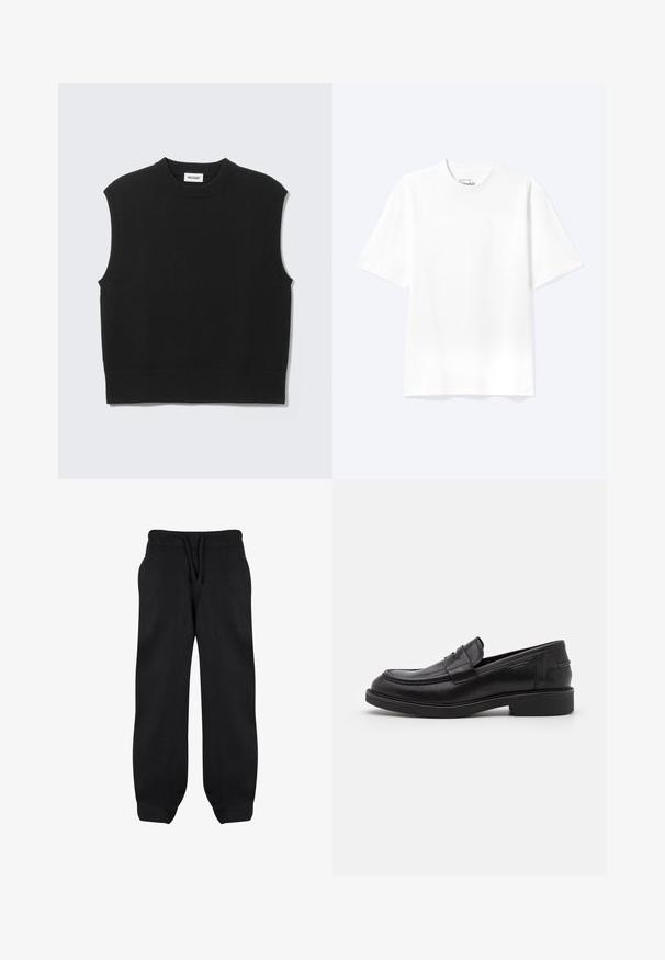 Chaleco negro sin mangas tejido con cuello redondo acanalado, sisas y bajo, colocado plano sobre un fondo gris claro.; Camiseta lisa blanca de manga corta y cuello redondo con un corte relajado, mostrada sobre un fondo claro.; Pantalones de chándal negros con cintura elástica, cordón y bolsillos laterales. Fabricados con una tela suave, tienen un corte holgado y tobillos ajustados.; Mocasines de cuero negro con puntera redondeada, costuras tonales y un detalle de tira en la parte frontal. Suela de goma con un tacón bajo.