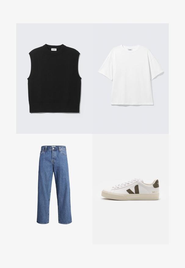 Black sleeveless knitted vest with ribbed crew neck, armholes, and hem, laid flat on a light gray background.; White oversized short-sleeve crew neck t-shirt with dropped shoulders, flat on light gray background.; Light blue denim jeans with a straight-leg design, high waist, and minimal stitching details. The fabric has a soft, slightly faded texture.; White leather sneakers with a light beige rubber sole. Features brown suede V logo and heel tab. Laced closure with a textured surface.