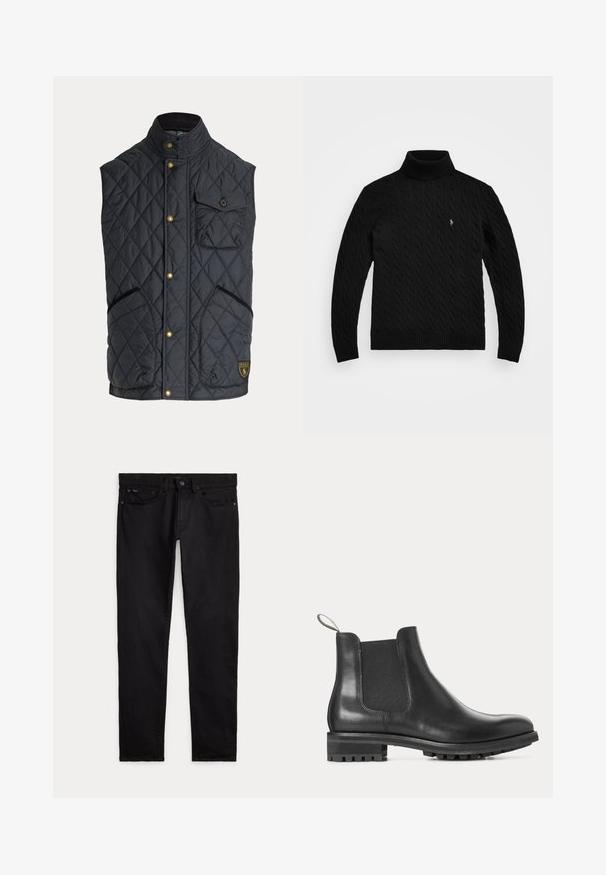 Sort quiltet ærmeløs vest med guldknapper, brystlomme med klap, to nederste lommer og et Polo brand logo patch nederst.; Polo Ralph Lauren LONG SLEEVE - Striktrøje - black; Sorte slim-fit jeans med for- og baglommer, bæltestropper samt knap- og lynlåslukning lagt fladt på en hvid baggrund.; Sort læder Chelsea-støvle med elastiske sidepaneler, trækstrop bagpå, riffel-gummisål og lav hæl, vist i profil.
