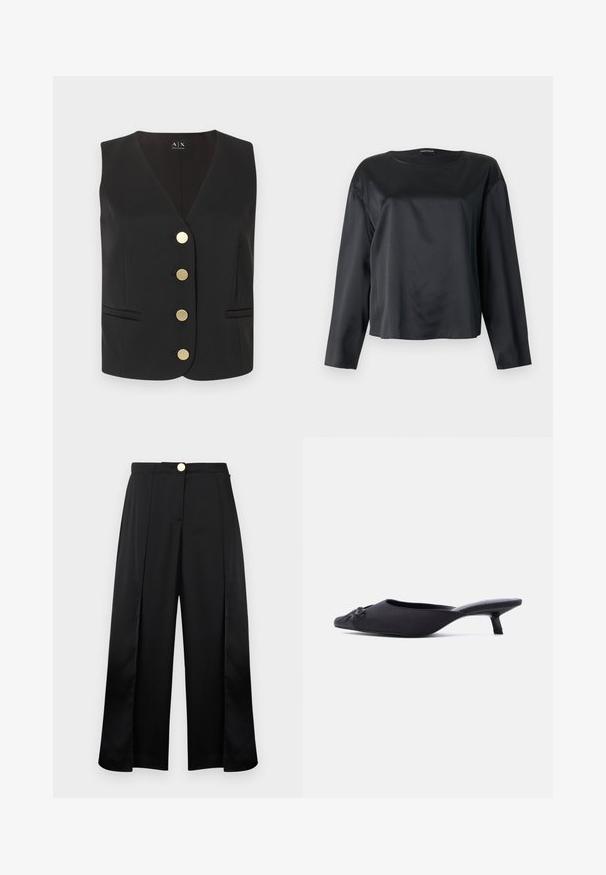 Veste noire sans manches avec col en V, quatre boutons ronds dorés au centre, et deux poches fendues à l'avant.; Blouse noire en satin à manches longues avec un col rond et une coupe décontractée, présentée à plat sur un fond clair.; Pantalon large noir à taille haute, avec plis sur le devant, fentes latérales et fermeture par bouton doré.; Mule pour femmes noires avec bout pointu, empeigne en tissu, petit talon bobine et un nœud décoratif à l'avant, présenté en profil latéral.