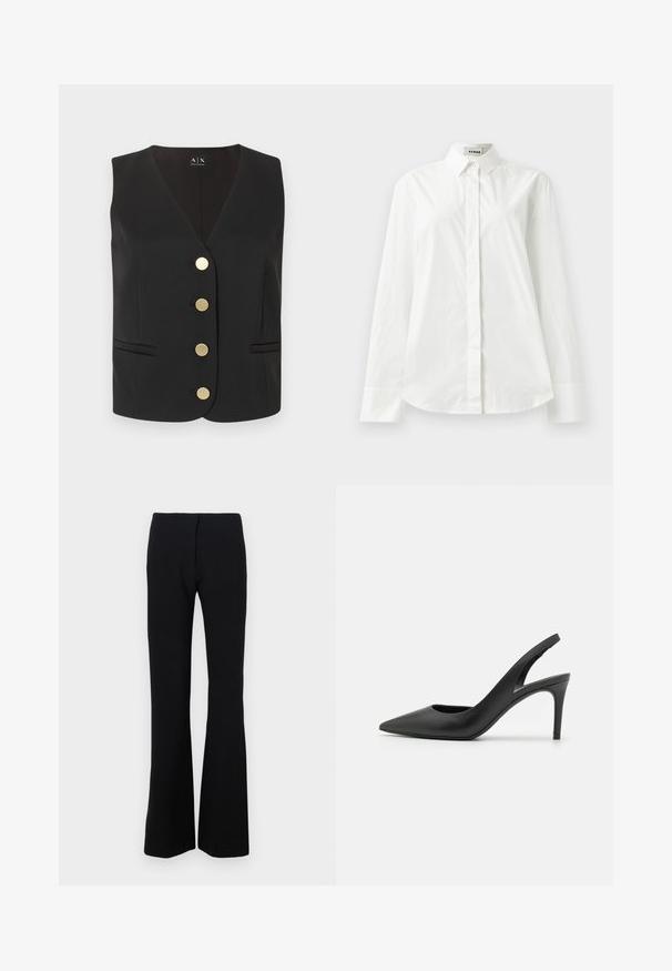 Veste noire sans manches avec col en V, quatre boutons ronds dorés au centre, et deux poches fendues à l'avant.; Chemise blanche en coton à manches longues avec un col pointu, fermeture à boutons sur le devant et ourlet arrondi. Texture lisse, coupe régulière et sans motifs.; Pantalons noirs évasés en tissu extensible avec une texture lisse et une taille ajustée. Aucune fermeture visible ni motifs.; Escarpins à talon aiguille en cuir noir, avec un design à bout pointu, présentant une découpure à l'avant et un talon fin.