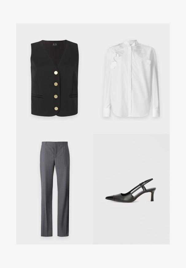 Veste noire sans manches avec col en V, quatre boutons ronds dorés au centre, et deux poches fendues à l'avant.; Chemise blanche à manches longues en coton avec un col mandarin. Présente des accents de volants superposés sur les épaules et une fermeture à boutons sur le devant.; Pantalons gris à rayures fines en tissu lisse, avec une coupe droite, un devant plat et sans poches ni embellissements visibles.; Chaussure à bride arrière en cuir noir avec bout pointu, dotée d'un accent brillant sur le bout et d'un talon de hauteur moyenne. Design latéral ouvert.