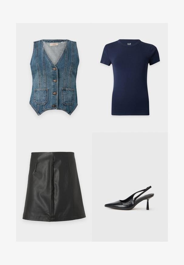 Gilet sans manches en denim bleu avec col en V, quatre boutons métalliques, deux poches avant et détails de coutures verticales.; T-shirt ajusté bleu marine à manches courtes avec col rond sur un fond uni clair.; Mini-jupe trapèze en similicuir noir avec détails de couture avant sur fond blanc.; Chaussure à talon haut en cuir noir, à bride arrière, avec un bout pointu et un talon fin sur fond blanc.