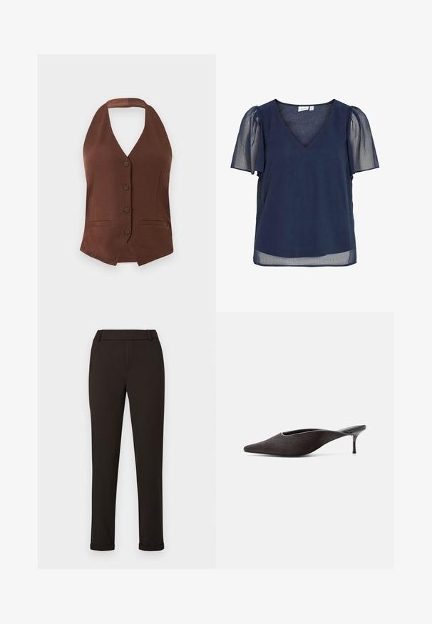 Brun ærmeløs halterneck vest med fire knapper foran og to horisontale brystlommer mod en hvid baggrund.; Mørkeblå bluse til kvinder med V-hals, gennemsigtige korte pufærmer og letvægtsstof, der giver et flydende, halvgennemsigtigt udseende.; Sorte slim-fit bukser med bæltestropper og manchetter mod en ensfarvet hvid baggrund.; Sort mule-sko med spids tå, lav stilet-hæl og glat finish, vist fra siden på en hvid baggrund.