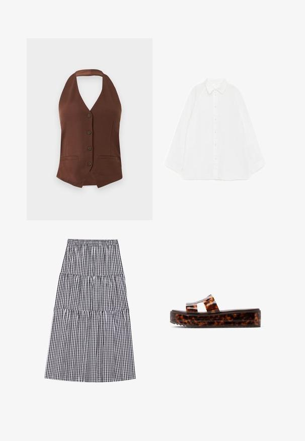 Veste marron sans manches à col licou avec quatre boutons sur le devant et deux poches passepoilées horizontales sur fond blanc.; Chemise blanche à manches longues avec boutons sur le devant et col pointu, étalée à plat sur un fond blanc, montrant la vue de face.; Jupe à volants en vichy noir et blanc avec une taille élastique. Elle présente plusieurs volants et une silhouette fluide.; Sandale plateforme à glissière motif écailles de tortue marron avec deux larges brides et une semelle épaisse rainurée.
