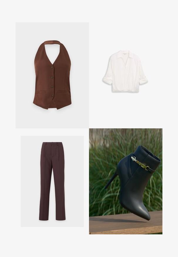 Veste marron sans manches à col licou avec quatre boutons sur le devant et deux poches passepoilées horizontales sur fond blanc.; Blouse blanche à manches longues avec col, boutons sur le devant et manches retroussées, présentée sur un fond uni.; Pantalon droit marron foncé sur mesure avec passants pour ceinture et plis à l'avant, présenté sur un fond clair uni.; Bottine noire à talons hauts avec un bout pointu et un détail de boucle en or, exposée sur une surface en bois avec un arrière-plan de feuillage vert.