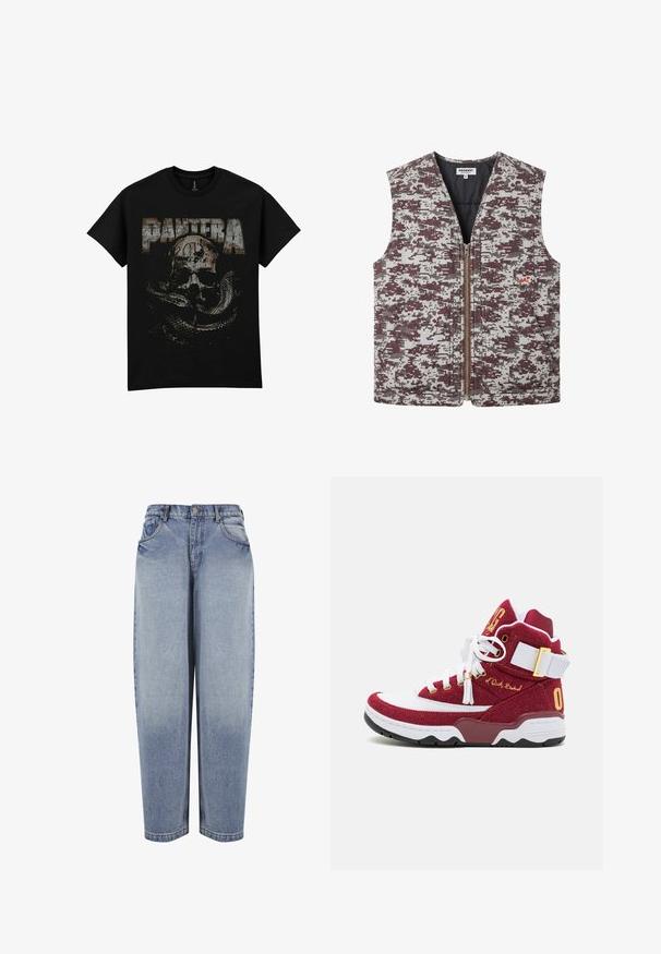 Ärmellose Reißverschlussweste mit braunem und grauem Digital-Camouflage-Muster, Brusttasche vorne mit roter "L.A"-Stickerei und zwei unteren Seitentaschen.; Schwarzes Baumwoll-T-Shirt mit einem vintage Grafikdesign von einem Schädel und einer Schlange, versehen mit dem Wort "PANTERA" in großen, abgenutzten Buchstaben.; High-waisted, locker sitzende blaue Jeans mit Vordertaschen, Gürtelschlaufen, Knopfverschluss und ausgebleichten Details entlang der Beine.; Patrick Ewing Sneaker high - red/white/pale gold