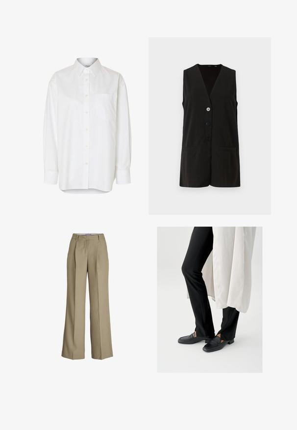 Sort ærmeløs vest med V-halsdesign, der har fire knapper og to forlommer, fremstillet af glat stof.; Hvid langærmet skjorte med knapper, spids krave og brystlomme, vist mod en ensfarvet baggrund.; Beige vide ben bukser med høj talje, frontfolder og en glat stoftekstur. Klassisk design med en skræddersyet finish.; Sorte lædermokkasiner med firkantet tå og lav blokhæl, kombineret med sorte tætsiddende bukser og et flydende hvidt lag udenpå.
