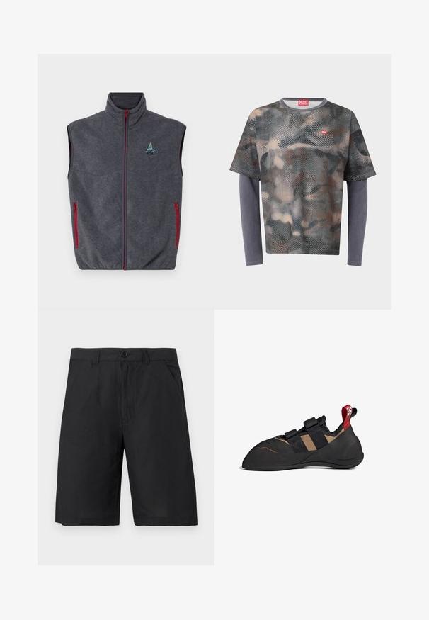 Grau gefütterte Weste mit hohem Kragen, roten Reißverschlüssen und Seitentaschen. Besitzt ein gesticktes Design auf der oberen linken Seite.; Perforiertes kurzärmeliges Hemd mit Camouflage-Muster, getragen über einem einfarbigen grauen Langarmshirt mit rotem Diesel-Logo auf der Brust und am Kragenetikett.; Schwarze knielange Shorts mit vorderem Knopf, Reißverschluss, Seitentaschen und Gürtelschlaufen, auf einem einfarbigen hellen Hintergrund präsentiert.; Kletterschuh mit einem schwarzen und braunen Obermaterial aus Synthetik, ausgestattet mit zwei Klettverschlüssen, einer Gummisohle und einer roten Schlaufe an der Ferse.