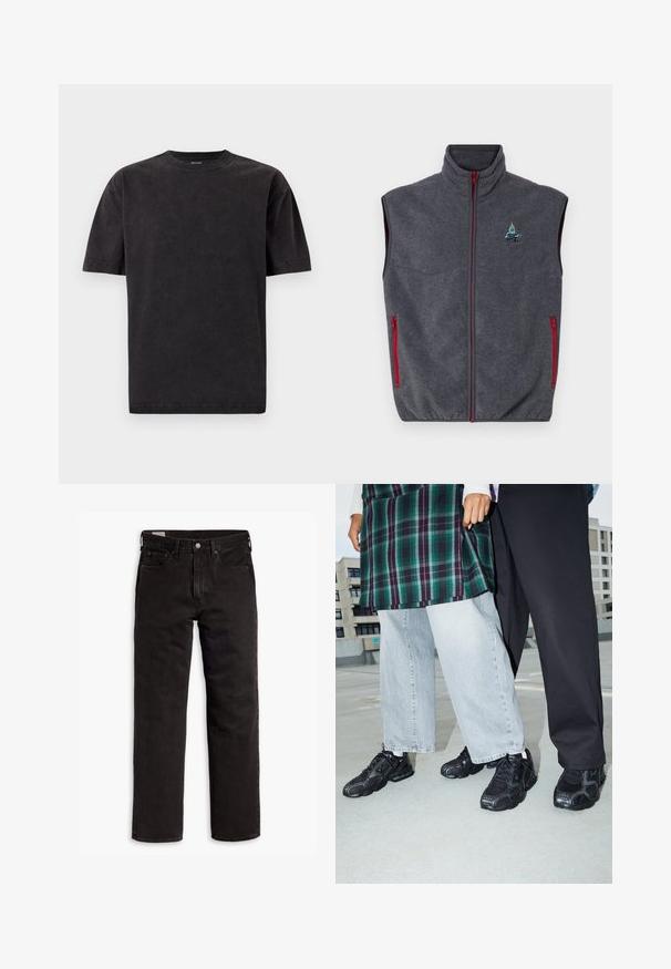 Grau gefütterte Weste mit hohem Kragen, roten Reißverschlüssen und Seitentaschen. Besitzt ein gesticktes Design auf der oberen linken Seite.; Schwarzes Baumwoll-T-Shirt mit rundem Halsausschnitt, kurzen Ärmeln und einer glatten Textur. Hat ein leicht verblasstes Erscheinungsbild über den Stoff.; Schwarze gerade Jeans aus Denim mit fünf Taschen, Knopfverschluss und Gürtelschlaufen, flach auf einem weißen Hintergrund ausgelegt.; Schwarze Sportschuhe mit Mesh- und Gummielementen. Kombiniert mit hellgrauen weiten Jeans und einem karierten grünen Oberteil. Flacher Hintergrund.