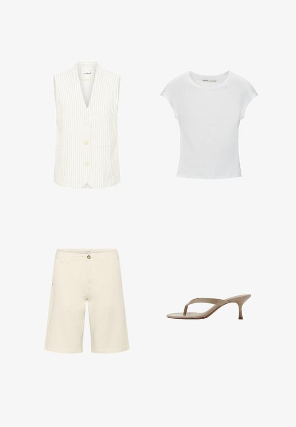 Gilet blanc sans manches avec de fines rayures verticales grises et trois boutons beiges à l'avant, avec un col en V plongeant.; T-shirt en coton blanc avec manches courtes retroussées, encolure ronde et ourlet droit. Texture lisse sans motifs ni accents visibles.; Shorts couleur crème en mélange de coton, présentant une fermeture à bouton, des passants de ceinture et des poches latérales ; texture lisse avec un design à coupe droite.; Sandale beige en cuir verni avec un talon kitten pointu et une semelle fine, vue de côté sur fond blanc.