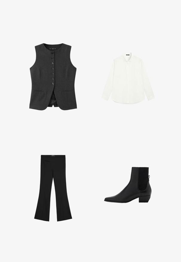 Donkergrijze vest met een mouwloos ontwerp, zes voorste knopen en twee voorzakken. Gemaakt van textuurstof met een gladde binnenvoering.; Witte lange mouwen shirt van lichtgewicht stof. Heeft een klassieke kraag, knoopsluiting aan de voorkant en een afgeronde zoom. Vloeiende textuur, minimalistisch ontwerp.; Zwarte high-waisted broek met een lichte uitloop, voornaaddetail en een klein ritszakje aan de linkerkant.; Zwarte enkelboot van soepel leer met een spitse neus, elastische zijpanelen en een lage blokhak. Minimalistisch ontwerp zonder zichtbare hardware.