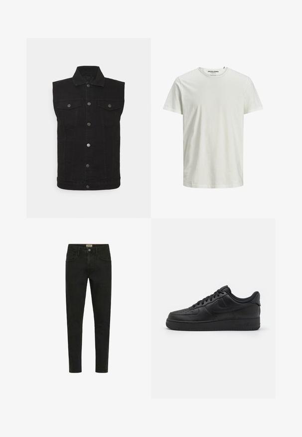 Denim Project DPMDP KASH DENIM VEST - Chaleco - black; Camiseta blanca de manga corta hecha de algodón orgánico. Presenta un cuello redondo y un ajuste relajado, con una textura simple y suave.; Jeans negros ajustados de mezclilla, con cierre de botón, cinco bolsillos y un diseño limpio y minimalista.; Nike Sportswear AIR FORCE 1 07 FLYEASE - Zapatillas - black