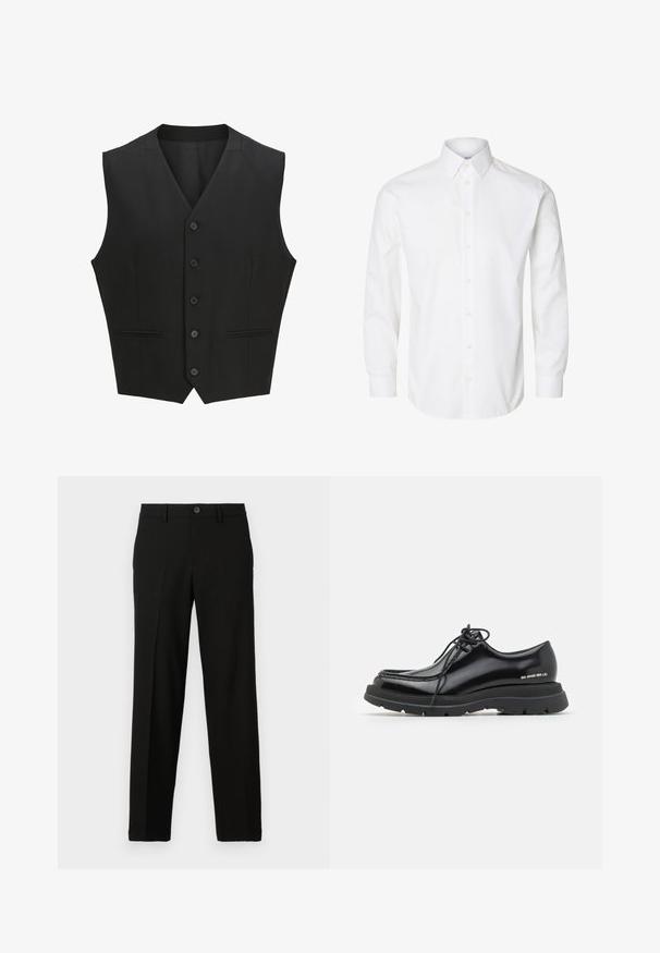 Sort ærmeløs vest med en notch-lapel, seks knaplukninger og to for- lommer. Glat stof med en skræddersyet pasform.; Hvid skjorte med lange ærmer, knapper foran, spids krave og knappede manchetter.; Sorte bukser lavet af glat stof, med lige snit, knaplukning i taljen, og uden synlige mønstre eller accenter.; Sorte læder dressko med rund tå, tyk gummisål, snørebåndsdesign og markant syning langs kanten.