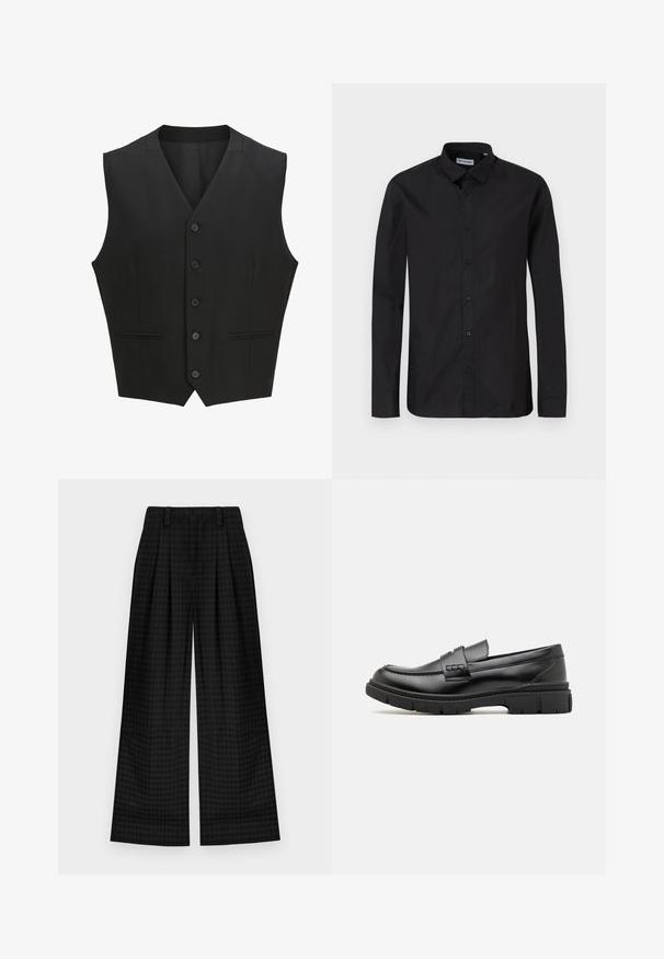 Black sleeveless vest with a notch lapel, six button closure, and two front pockets. Smooth fabric with a tailored fit.; Black long-sleeve button-up shirt with a classic collar, made of smooth fabric, featuring front buttons and a regular fit design.; Black checkered wide-leg trousers with pleats, featuring a smooth texture and classic design. Lightweight fabric for comfort.; Black leather loafer with a wide strap across the vamp, rubber sole with thick treads, and smooth texture. Classic, sleek design.