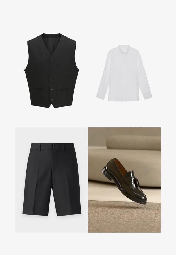 Sort ærmeløs vest med en notch-lapel, seks knaplukninger og to for- lommer. Glat stof med en skræddersyet pasform.; Hvid langærmet skjorte lavet af glat stof, med spidse krave, frontknaplukning og enknapsmanchetter.; Sorte skræddersyede shorts lavet af letvægtsstof, med lige snit, enkelt plisseringer og lukning med en frontknap.; Sort læder tasselloafer flydende over beige tæppe med en beige sofa i baggrunden.