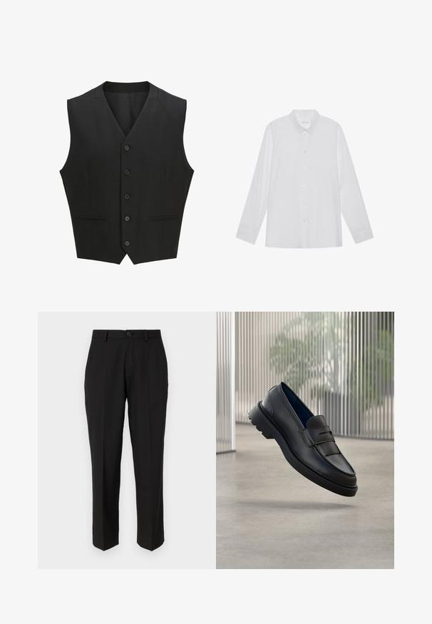 Sort ærmeløs vest med en notch-lapel, seks knaplukninger og to for- lommer. Glat stof med en skræddersyet pasform.; Hvid langærmet skjorte lavet af glat stof, med spidse krave, frontknaplukning og enknapsmanchetter.; Sorte bukser lavet af glat stof, med lige ben design, forlommer, en enkelt knaplukning, og uden synlige mønstre.; Sorte læder loafers med en glat finish, der har en dekorativ rem og et tekstureret panel foran samt en tekstureret gummisål.