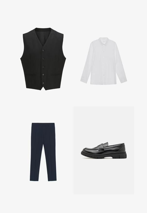 Zwarte mouwloze vest met een notch lapel, sluiting met zes knopen en twee voorzakken. Glad materiaal met een getailleerde pasvorm.; Witte blouse met lange mouwen van soepel stof, met een puntige kraag, voorkant met knoopsluiting en manchetten met één knoop.; Marineblauwe formele broek met een getailleerd ontwerp, een gladde textuur en twee voorzakken, met strakke lijnen en een rechte pasvorm.; Zwarte leren instapper met een brede band over de voet, rubberen zool met dikke noppen en een gladde textuur. Klassiek, strak ontwerp.