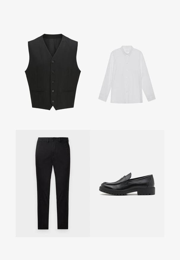 Sort ærmeløs vest med en notch-lapel, seks knaplukninger og to for- lommer. Glat stof med en skræddersyet pasform.; Hvid langærmet skjorte lavet af glat stof, med spidse krave, frontknaplukning og enknapsmanchetter.; Sorte slim-fit bukser med knap- og lynlåslukning, bæltestropper og uden synlige lommer, vist mod en hvid baggrund.; Sorte læder loafers med rund tå, slip-on design og tyk gummisål med tekstureret greb. Forhøjet hæl og subtile syninger.