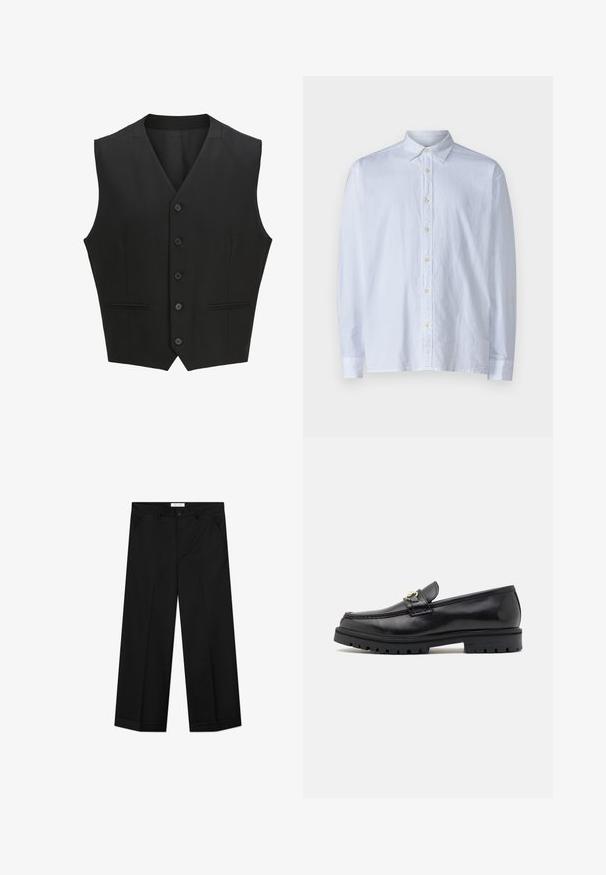 Gilet sans manches noir avec un revers cranté, fermeture à six boutons et deux poches avant. Tissu lisse avec une coupe ajustée.; Chemise blanche à boutons en tissu léger, avec un col pointu, des manches longues et une rangée de boutons jaunes sur le devant.; Pantalon noir à jambes larges en tissu lisse, doté de poches avant, d'une fermeture par bouton et d'un pli marqué sur chaque jambe.; Mocassins en cuir noir avec une finition lisse, bout rond, une sangle décorative avec des accessoires en or, et une semelle noire robuste.