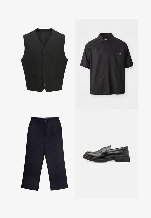 Sort ærmeløs vest med en notch-lapel, seks knaplukninger og to for- lommer. Glat stof med en skræddersyet pasform.; Sort kortærmet skjorte med knapper lavet af bomuld, med en enkelt brystlomme og logoetiket. Glat tekstur og afslappet pasform.; Sorte viddebukser lavet af glat stof med lynlås og knaplukning samt forlommer. Bemærkelsesværdige folder ned ad hvert ben.; Sort læder loafersko med en bred rem over forfoden, gummisål med tykke mønstre og glat overflade. Klassisk, slankt design.