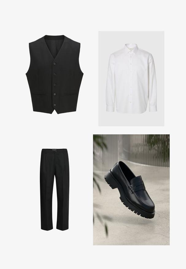 Zwarte mouwloze vest met een notch lapel, sluiting met zes knopen en twee voorzakken. Glad materiaal met een getailleerde pasvorm.; Wit overhemd met lange mouwen gemaakt van katoen, met een klassieke kraag, knoopsluiting aan de voorkant en knoopmanchetten. Soepele textuur zonder zichtbare patronen.; Zwarte broek van stof met een gladde textuur, met een recht model, plooien aan de voorkant en een elastische tailleband.; Zwarte leren instappers met een chunky loopzool, voorzien van een decoratieve band en stikseldetails. Gladde textuur met een gepolijste afwerking.