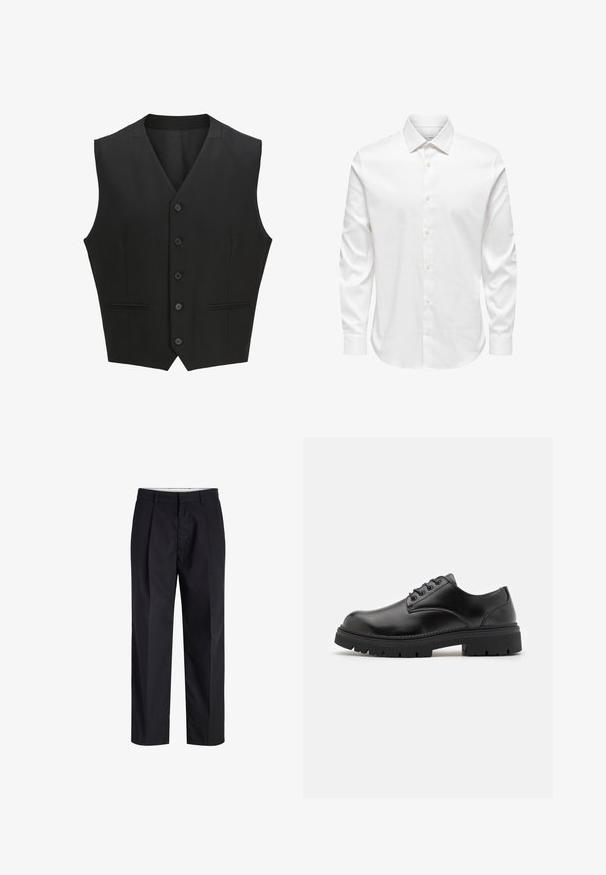 Sort ærmeløs vest med en notch-lapel, seks knaplukninger og to for- lommer. Glat stof med en skræddersyet pasform.; Hvid herreskjorte med lange ærmer, spids krave og række af hvide knapper foran på ensfarvet baggrund.; Sorte bukser med lige ben med taljebånd, bæltestropper, frontlynlås og sidelommer vist på en hvid baggrund.; Sorte lædersko med rund tå, snørelukning og en tykk, struktureret gummisål. Har syninger langs kanten og en glat overflade.