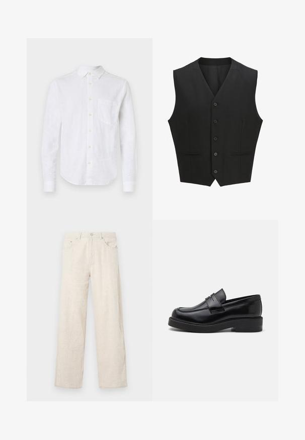 Sort ærmeløs vest med en notch-lapel, seks knaplukninger og to for- lommer. Glat stof med en skræddersyet pasform.; Hvid linned skjorte med lange ærmer, knap-ned krave, brystlomme og perleknapper. Har en buet kant og struktureret stof.; Beige vide ben bukser lavet af tekstureret stof, med knaplukning, bæltestropper og klassisk lommeindretning.; Sorte læder loafers med en rund tå, dekorativ forkantssyning og en tyk gummisål. Glat tekstur med en poleret finish.