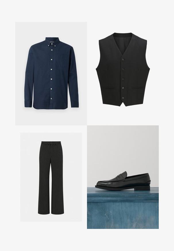 Chaleco negro sin mangas con solapa de muesca, cierre de seis botones y dos bolsillos frontales. Tejido suave con un ajuste entallado.; Camisa de manga larga de color azul marino hecha de una tela ligera, con cuello de camisa, bolsillo frontal y botones blancos. Textura suave.; Pantalones negros de pierna ancha con rayas verticales blancas, botón y trabillas para cinturón en la cintura.; Mocasines de cuero negro con un diseño elegante, que presentan una puntera cosida y un acabado suave. El zapato tiene un tacón bajo y detalles mínimos.