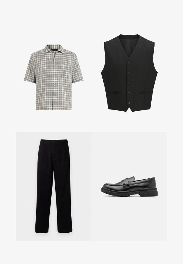 Sort ærmeløs vest med en notch-lapel, seks knaplukninger og to for- lommer. Glat stof med en skræddersyet pasform.; Kortærmet skjorte i gråternet mønster, med knap-ned krave, forlommer og let stofstruktur med cremefarvede detaljer.; Sorte stofbukser med lige snit, forknytninger foran og en enkelt knaplukning. Glat tekstur og ingen synlige mønstre.; Sort læder loafersko med en bred rem over forfoden, gummisål med tykke mønstre og glat overflade. Klassisk, slankt design.