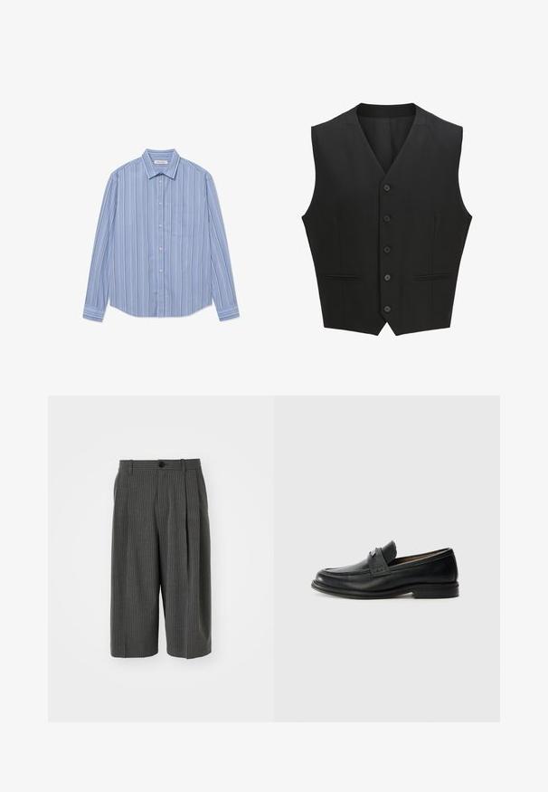 Zwarte mouwloze vest met een notch lapel, sluiting met zes knopen en twee voorzakken. Glad materiaal met een getailleerde pasvorm.; Lange mouwen knoop shirt in lichtblauw met verticale strepen. Voorzien van een puntige kraag en een borstzak. Gemaakt van een gladde stof.; Grijze pinstriped wijde shorts met een knoopsluiting en geplooide voorkant. Gemaakt van een textiel met structuur, en heeft een tailored ontwerp.; Zwarte lederen instappers met een gladde afwerking, voorzien van een gestructureerde bovenband, lage hak en minimale stiksel-details.