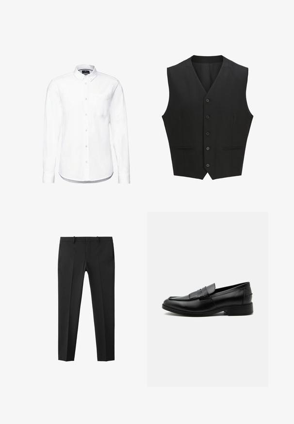 Zwarte mouwloze vest met een notch lapel, sluiting met zes knopen en twee voorzakken. Glad materiaal met een getailleerde pasvorm.; Witte blouse met lange mouwen van katoen, met een knoopsluiting kraag, een borstzak en een ronde zoom met geknoopte manchetten.; Zwarte, op maat gemaakte nette broek met een slim fit, riemlussen en voorvouwen, plat weergegeven tegen een witte achtergrond.; Zwarte leren herensloffen met kwastdetail, afgeronde neus, lage hak en glad gepolijst oppervlak, zij-aanzicht op een witte achtergrond.