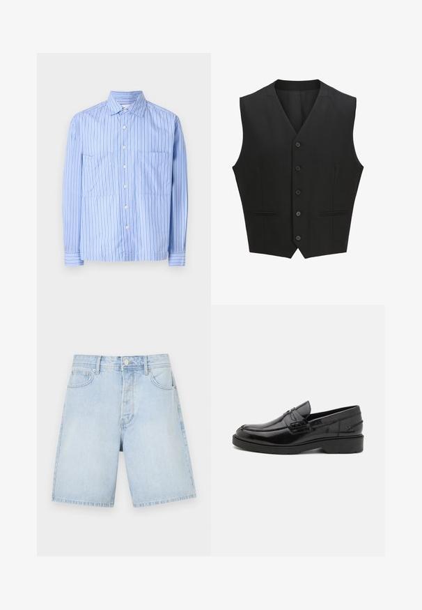Zwarte mouwloze vest met een notch lapel, sluiting met zes knopen en twee voorzakken. Glad materiaal met een getailleerde pasvorm.; Lichtblauw gestreept shirt met lange mouwen, twee voorkruiden, knoopsluiting, en contrasterende dunne strepen. Gemaakt van een katoenmix.; Lichtblauwe denim shorts met een rechte snit, voorzien van voorzakken, een knoopsluiting en casual stiksels. Glad textuur zonder patronen.; Zwarte leren instappers met een gladde afwerking, ronde neus, lage hak en decoratieve stiksels aan de voorkant. Rubberen buitenzool voor grip.