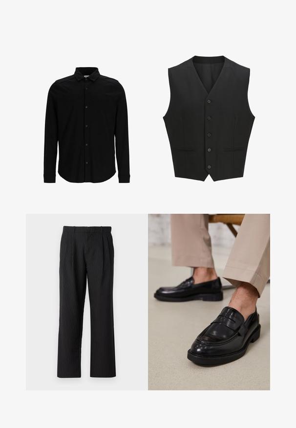 Chaleco negro sin mangas con solapa de muesca, cierre de seis botones y dos bolsillos frontales. Tejido suave con un ajuste entallado.; Camisa negra de manga larga hecha de una tela suave, con frente abotonado, cuello y un discreto logo bordado en el pecho.; Jack & Jones Classic Wide Leg Fit - Pantalones - black; Mocasines de cuero negro con un acabado suave, que cuentan con una correa decorativa y costuras en contraste, combinados con pantalones beiges.