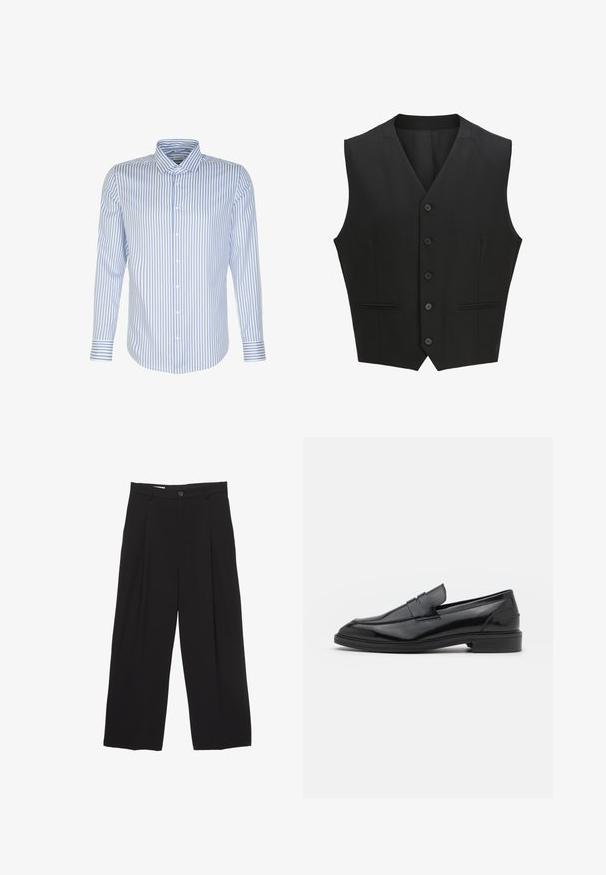 Schwarze ärmellose Weste mit Reverskragen, sechs Knopfverschluss und zwei frontalen Taschen. Glattes Material mit taillierter Passform.; Herren Langarmhemd, hellblau mit weißen Streifen, knöpfbarer Frontverschluss, klassischer Kragen, Baumwollstoff, glatte Textur, abgerundeter Saum.; Schwarze weit geschnittene Hose aus glattem Stoff, mit flachem Taillenbund, vorderen Falten und einer einzigen Knopfverschlus.; Schwarze Lederloafers mit glatter Oberfläche, runder Spitze und schmalem Riemen über dem Obermaterial. Niedriger, gestapelter Absatz.