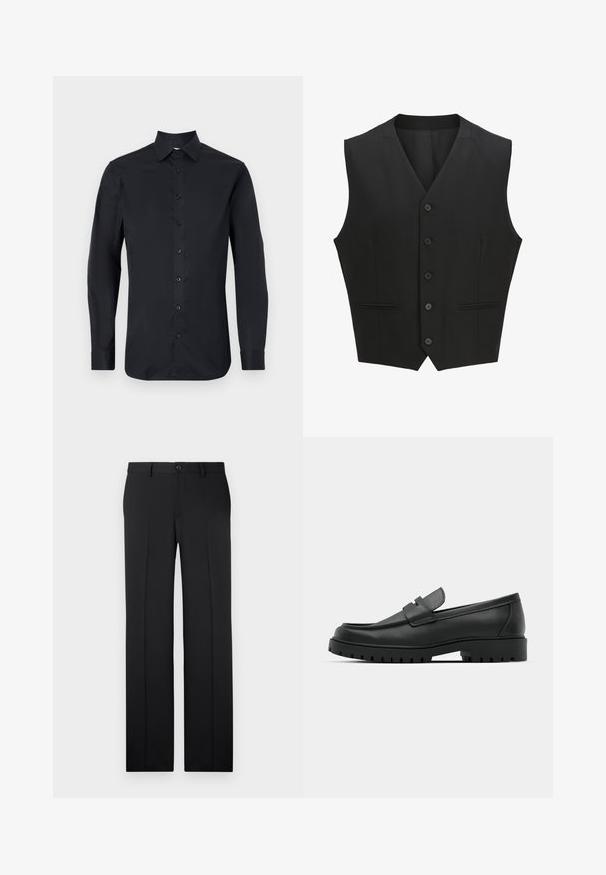 Zwarte mouwloze vest met een notch lapel, sluiting met zes knopen en twee voorzakken. Glad materiaal met een getailleerde pasvorm.; Zwarte longsleeve shirt van gladde stof, met een klassieke kraag, sluiting aan de voorkant met knopen en knoopmanchetten.; Zwarte, op maat gemaakte broek met een rechte pijp, zachte stof, voorvouwen en een enkele knoopsluiting in de taille.; Zwarte leren instappers met een ronde neus, voorzien van een gestikt ontwerp, een lage platformzool en een gestructureerde, grof rubberen buitenzool.