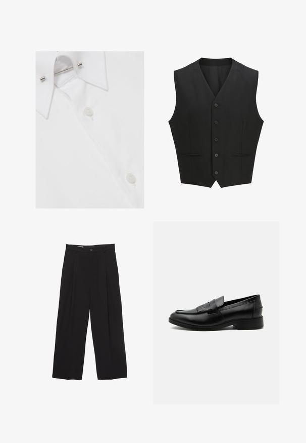 Gilet sans manches noir avec un revers cranté, fermeture à six boutons et deux poches avant. Tissu lisse avec une coupe ajustée.; Col de chemise blanche avec renforts métalliques et deux boutons visibles sur un fond en tissu lisse.; Pantalons larges noirs en tissu lisse, avec une taille plate, des plis avant et un bouton unique.; Mocassin homme en cuir noir avec détail pompon, bout arrondi, talon bas et finition polie lisse, montré de profil sur fond blanc.