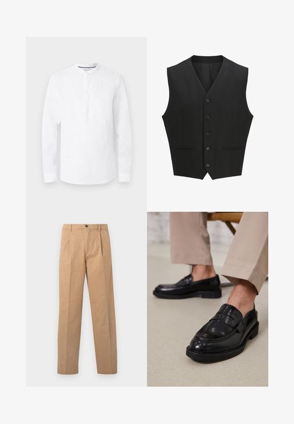 Gilet sans manches noir avec un revers cranté, fermeture à six boutons et deux poches avant. Tissu lisse avec une coupe ajustée.; Chemise blanche à manches longues avec col mandarin et patte de boutonnage trois boutons, présentée à plat sur un fond gris clair.; Pantalons kaki avec une coupe droite, confectionnés en tissu coton ; dotés d'une fermeture à un bouton et de deux plis sur le devant.; Mocassins en cuir noir avec une finition lisse, ornés d'une sangle décorative et de coutures contrastées, associés à un pantalon beige.