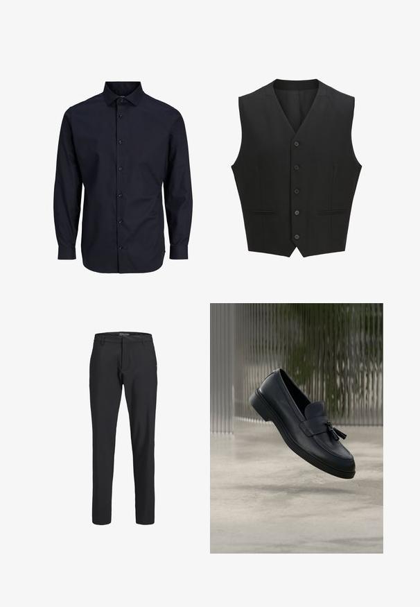 Sort ærmeløs vest med en notch-lapel, seks knaplukninger og to for- lommer. Glat stof med en skræddersyet pasform.; Mørkeblå knappeskjorte med lange ærmer, standard krave, frontplacket, glat tekstur og en-knaps manchetter.; Sorte, slim-fit herrebukser med bæltestropper, lynlås og diskrete sidelommer, designet til formelt eller kontorbrug.; Sorte læderloafers med en glat tekstur, en rundet tå og dekorative kvaster foran. Fleksibel gummisål med lav hæl.